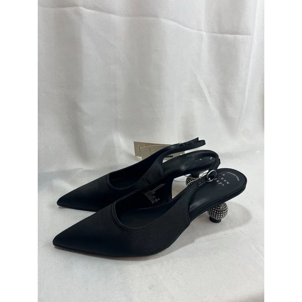 A New‎ Day Women Black Satin Rhinestone Disco Ball Heel Slingback Pumps Size 7